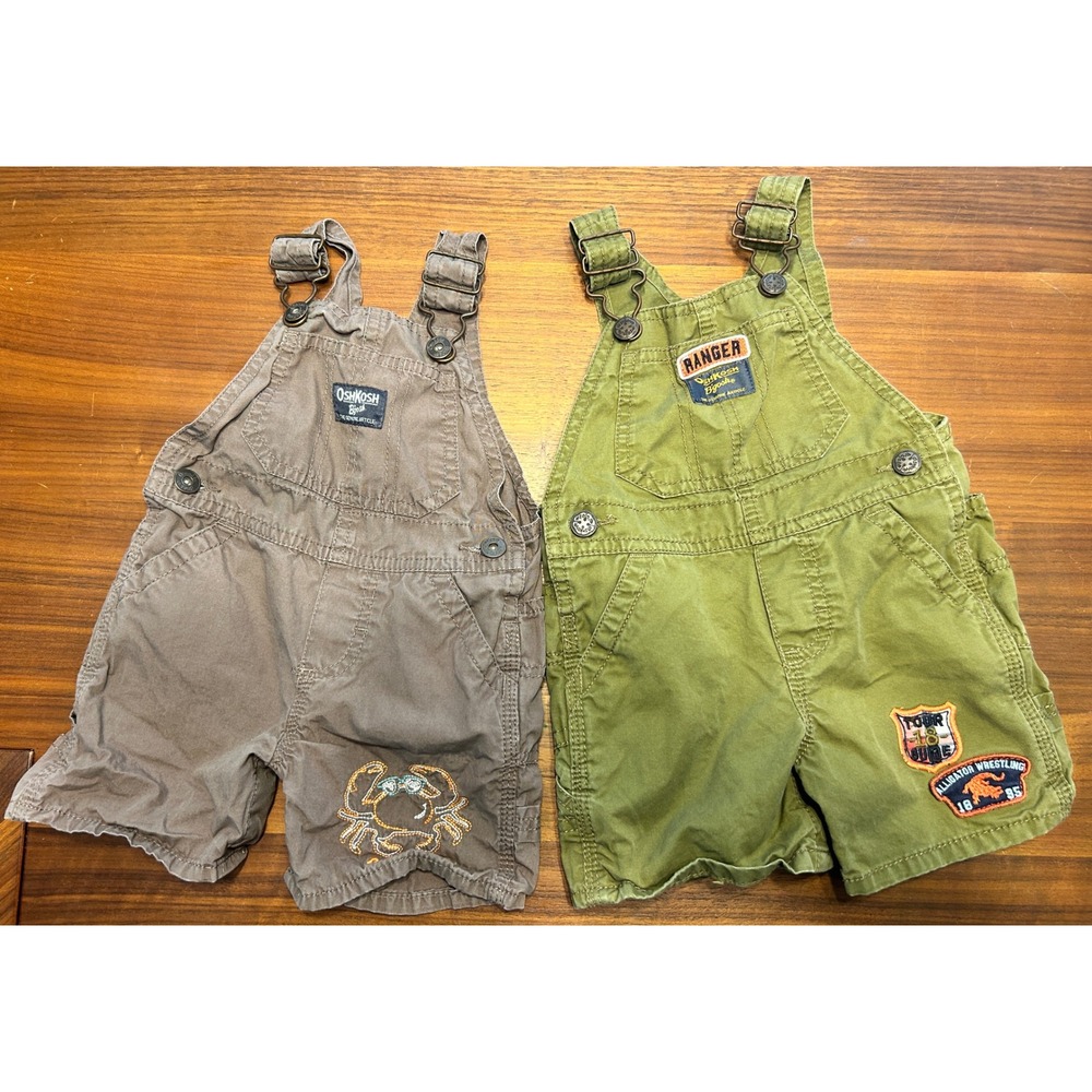 OshKosh B'gosh Baby Boys 9M Shortalls Set Brown Crab Olive Ranger Overalls 2pc